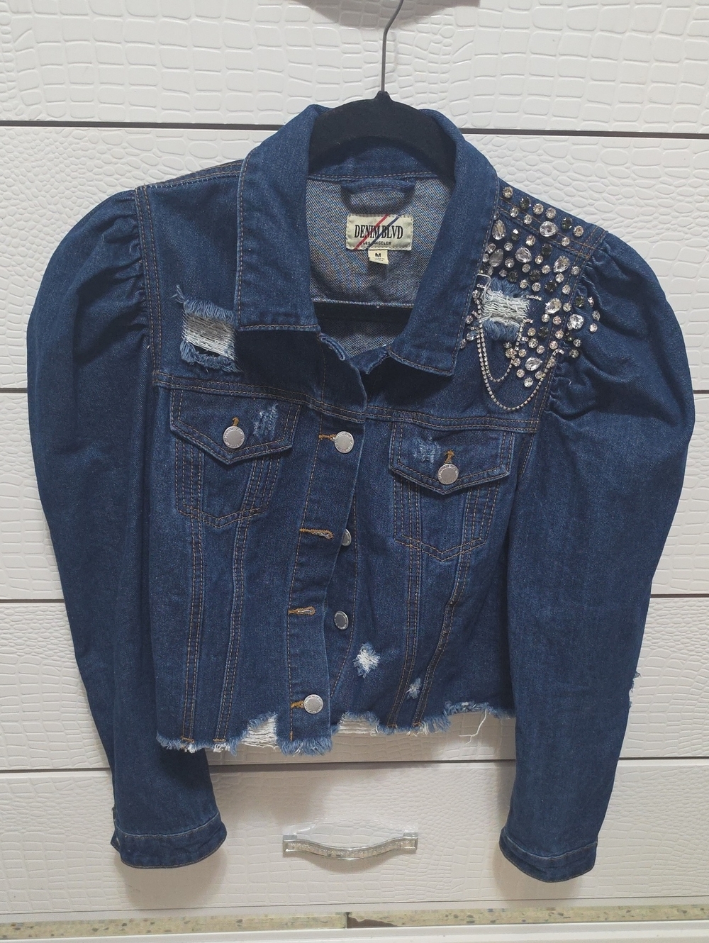 Blue Embellished Puff Sleeve Denim Jacket